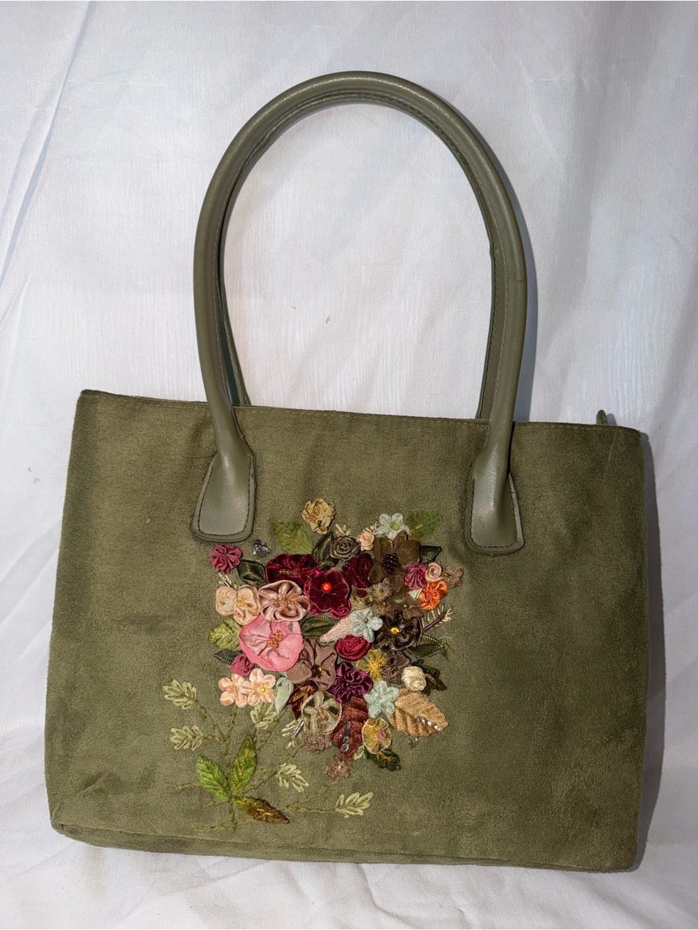 VTG Cappelli Straworld Sage Green Faux Suede Ribbon Flower Floral Tote Bag